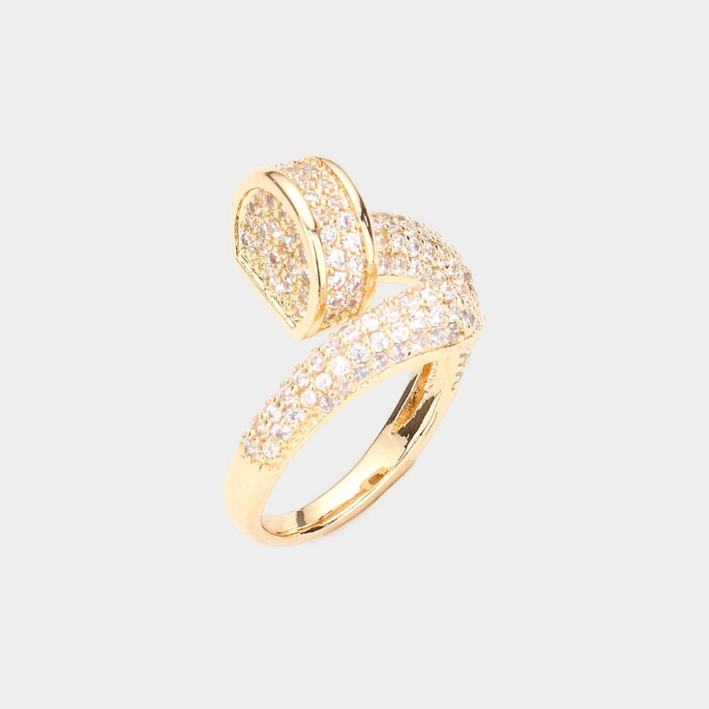 Gold Metal CZ Crystal Rhinestone Screw Finger Bling Nail Ring Statement Jewelry